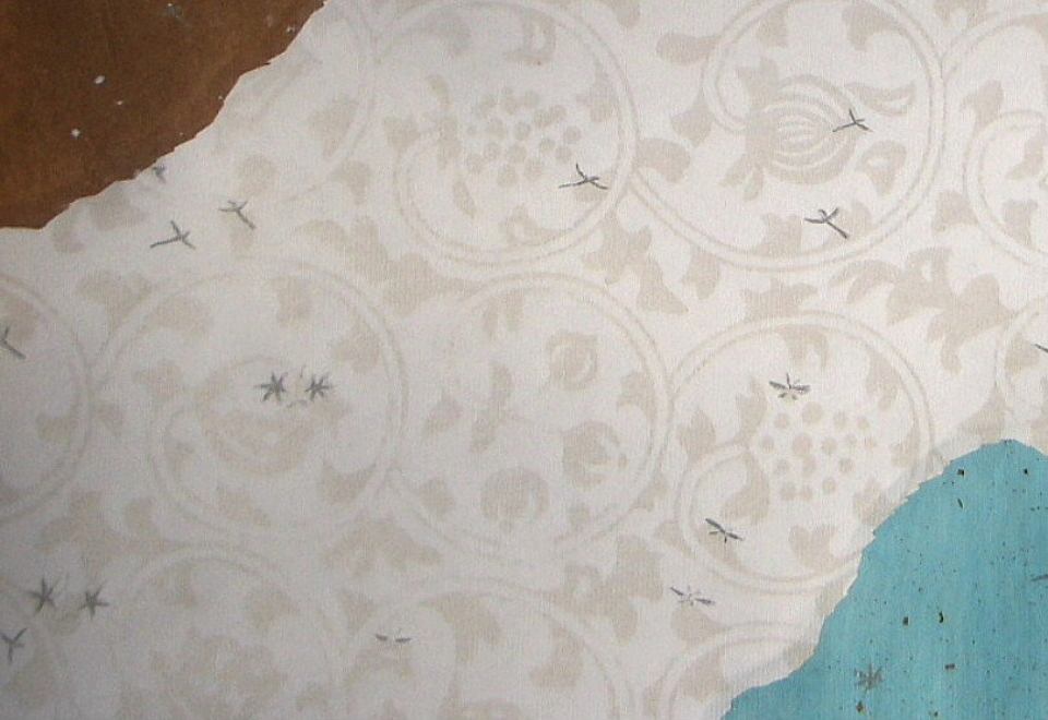 三十六人集 素性集　装飾料紙　破り継 『上下隅斜目（二重唐草）』　第八・九紙裏（屏風絵に雪） 臨書用紙　左下側部分拡大