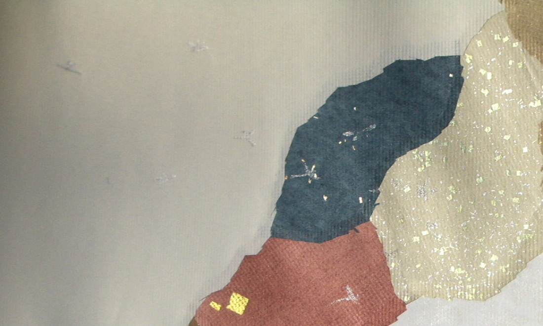 三十六人集 素性集　装飾料紙　破り継 『上下隅斜目（二重唐草）』　第八・九紙裏（屏風絵に雪） 臨書用紙　部分拡大