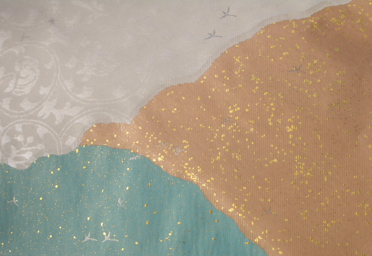 三十六人集 素性集　装飾料紙　破り継 『上下隅斜目（二重唐草）』　第八・九紙裏（屏風絵に雪） 臨書用紙　部分拡大