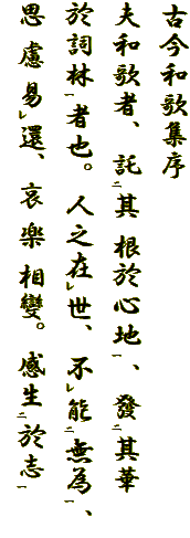 　古今和歌集序
　夫和歌者、託二其 根於心地一、發二其華
　於詞林一者也。人之在レ世、不レ能二無為一、
　思 慮 易レ還、哀 楽 相變。感生二於志一