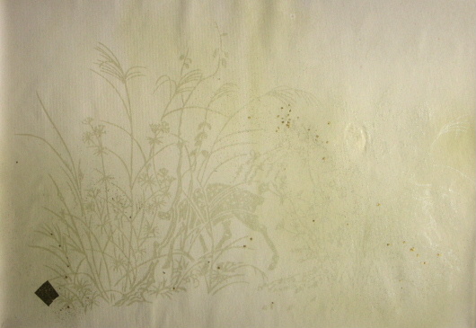 装飾料紙　本鳥製 特選料紙　染紙　『秋草に野猪』　渋若草色　半懐紙　拡大へ