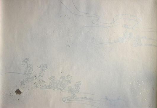 装飾料紙　本鳥製 特選料紙　具引紙　部分ぼかし　『縦横筋入』　青金大小切箔振　飛雲風青金切箔　青灰色　半懐紙　拡大へ